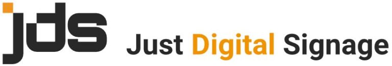 Logo for Just Digital Signage: bold black 'JDS' with an orange square, followed by 'Just Digital Signage' where 'Digital' is orange.