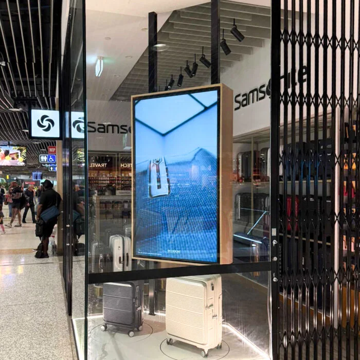 Samsung store in a mall with a tall vertical digital ad screen displaying a blue image; several suitcases on display at the base.