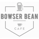 Bowser Bean Cafe logo inside a shield: bold 'BOWSER BEAN' text above a small coffee cup icon and 'CAFE' below.