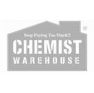 Chemist Warehouse logo on a gray sign with the slogan 'Stop Paying Too Much!'