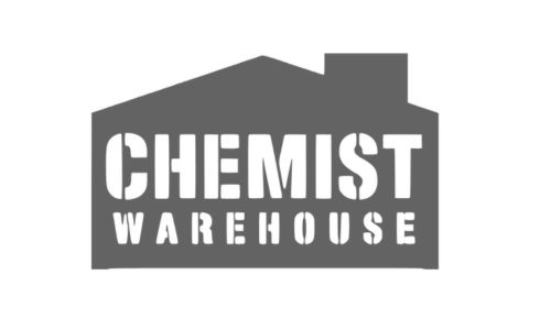 Logo for Chemist Warehouse: a gray warehouse silhouette with bold white stencil text CHEMIST WAREHOUSE.