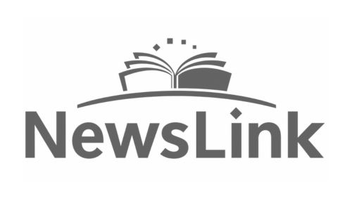 NewsLink logo: grayscale open-book icon arched over a curved line