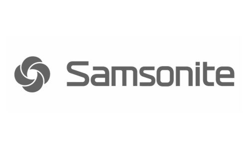 Samsonite logo: circular abstract emblem to the left of the 'Samsonite' wordmark on a white background.
