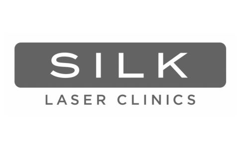 Silk Laser Clinics logo: white SILK text on a gray rounded rectangle with 'LASER CLINICS' in gray underneath
