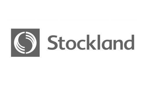 Stockland logo: gray circular emblem inside a square next to the word Stockland in gray.