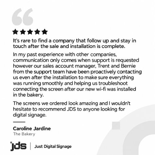 Testimonial with five stars and a quote praising proactive support; by Caroline Jardine of The Bakery, with JDS logo visible.